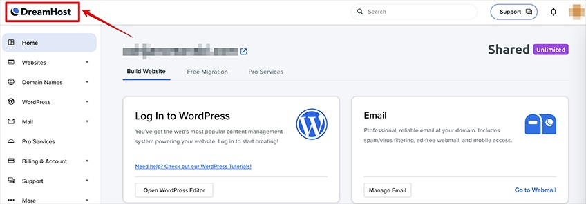 DreamHost dashboard with a red arrow pointing to the DreamHost logo. 