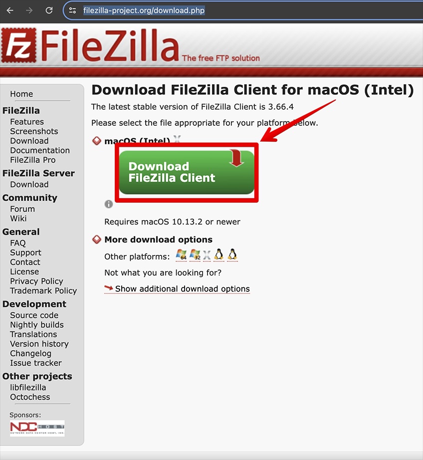 Download screen for FileZilla Client. 