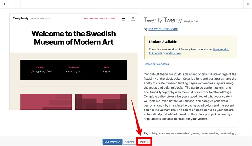 WordPress Twenty Twenty theme with a red arrow pointing to the delete option. 