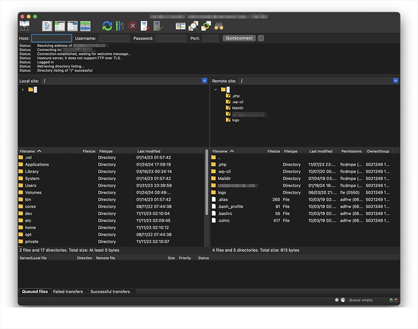 Screenshot of FTP client screen. 
