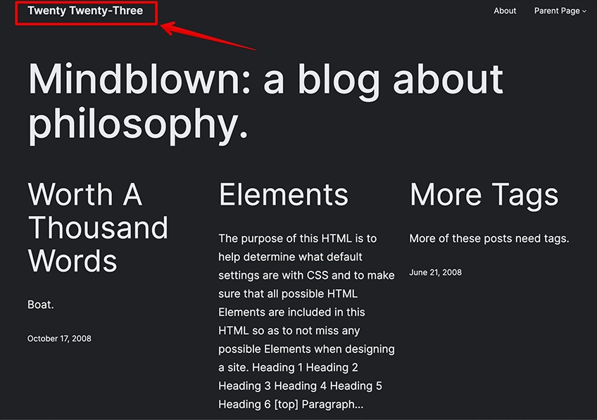 Screenshot of a WordPress page showing the theme name.