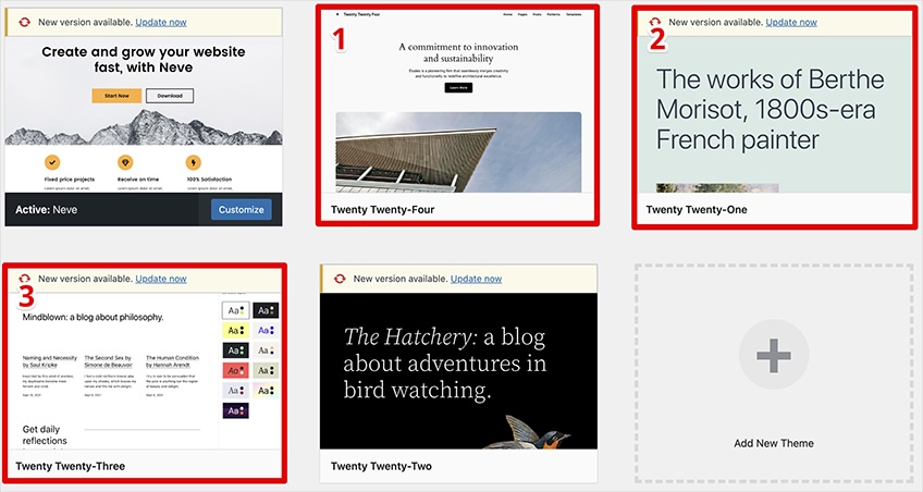 Five WordPress themes shown with red boxes around three to delete. 