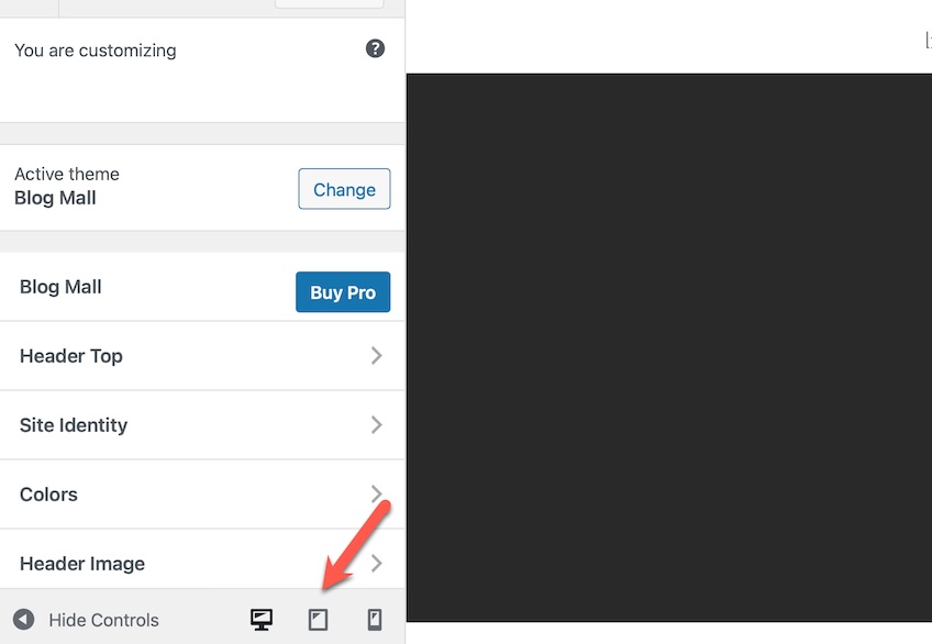 WordPress settings with options to toggle between desktop, tablet, and mobile view. 