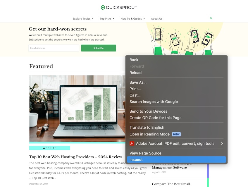 QuickSprout homepage with menu shown and "Inspect" option highlighted. 