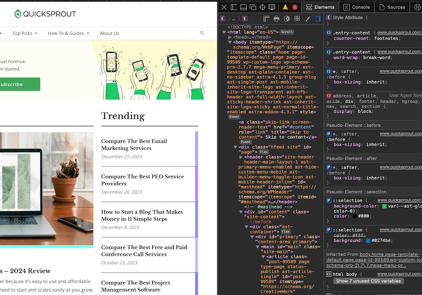 Web Inspector mode on Safari web browser. 