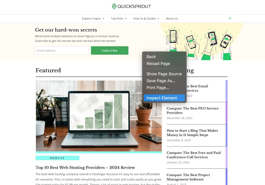 QuickSprout homepage with menu shown to select Inspect Element. 