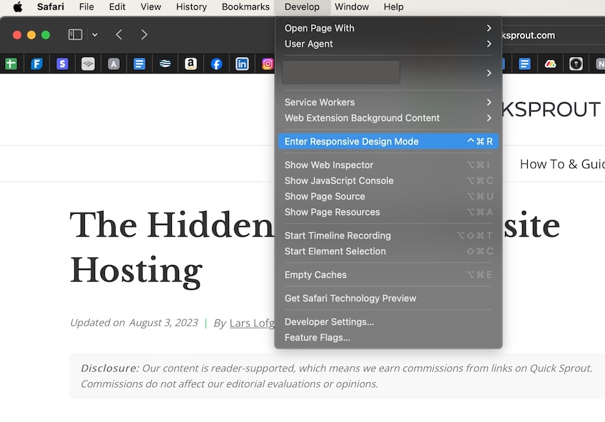 Safari web browser develop option with a red arrow pointing to the Enter Responsive Design Mode selection. 