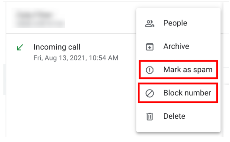 The spam and block Number buttons that you can select from viewing your incoming calls on Google Pixel.