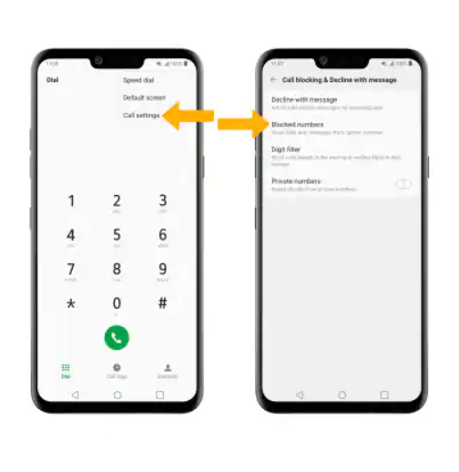 call blocking and decline options on an android phone, found within the call settings.