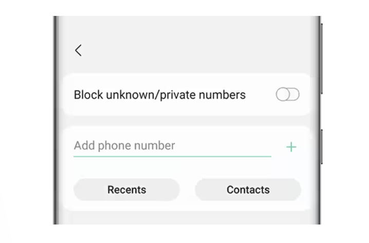 a screen that Allows you to block unknown or private members on the samsung interface.