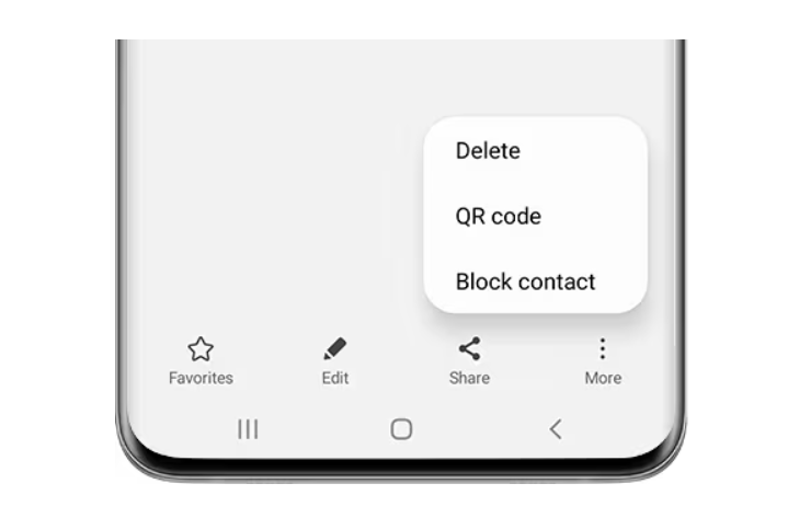 A screenshot of a samsung phone where you can select the options delete, qr code, or block contact.