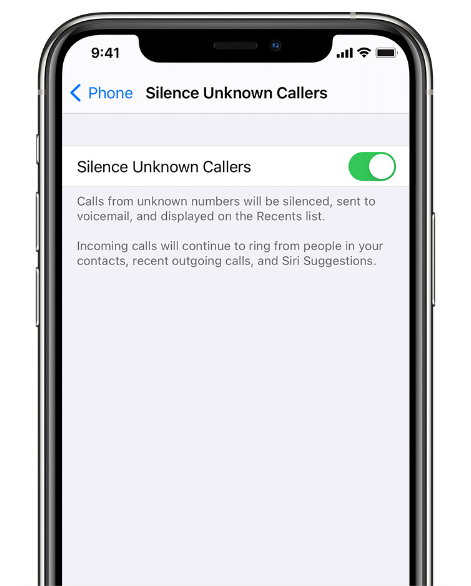 The silence unknown callers screen on a cell phone