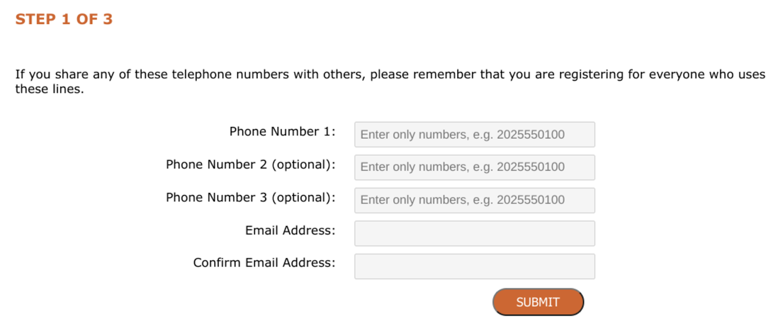 Screenshot of the registration form for donotcall.gov where you can add up to three numbers to block from spam calls.