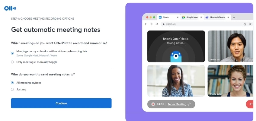 Step 1 of getting started with Otter: Choose meeting recording options