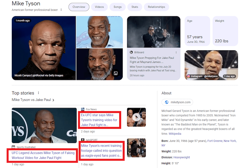 Google Search results for Mike Tyson