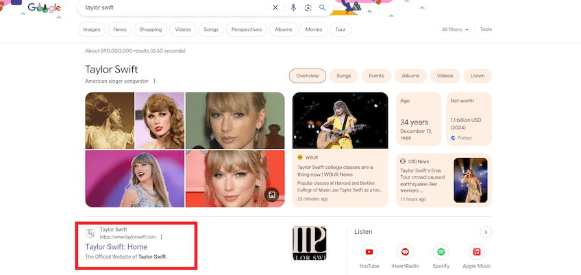 Google search results for Taylor Swift