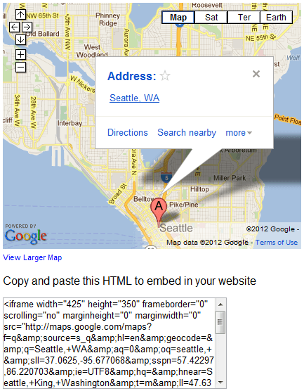 Example of an HTML to embed in website for an address and map from Google.