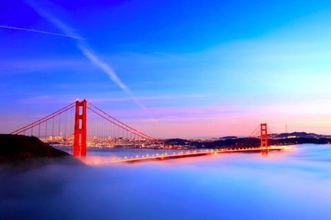 Golden Gate Bridge covered by fog