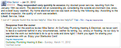 Example of a review on Google and response from the business owner.
